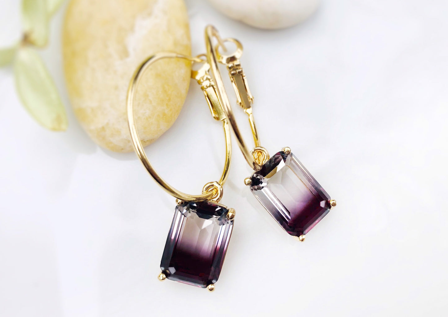 Bicolor black tourmaline dangle earrings in 14K gold, bicolor black clear emerald cut crystal earrings, gift for her, gift for mom