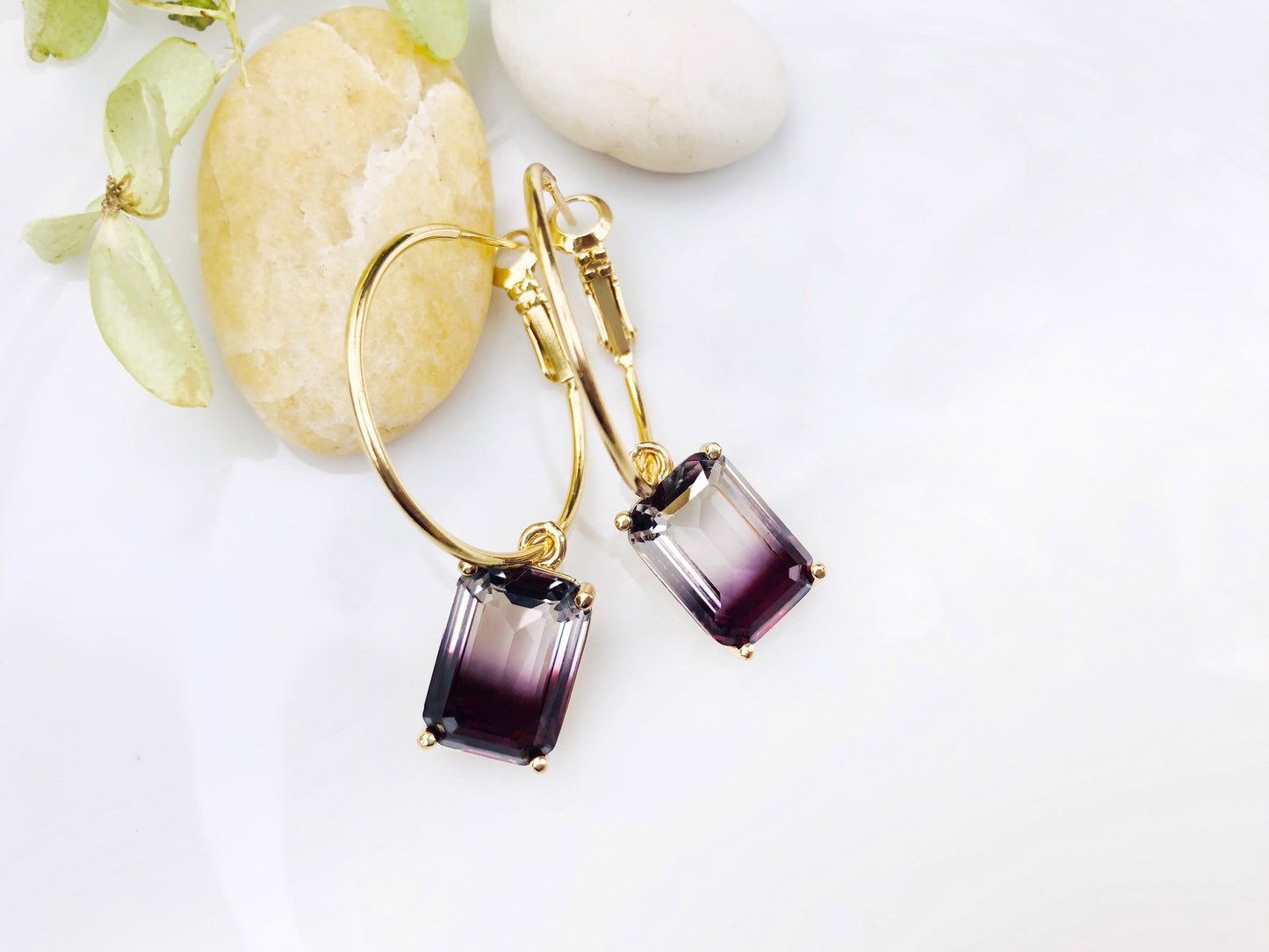 Bicolor black tourmaline dangle earrings in 14K gold, bicolor black clear emerald cut crystal earrings, gift for her, gift for mom