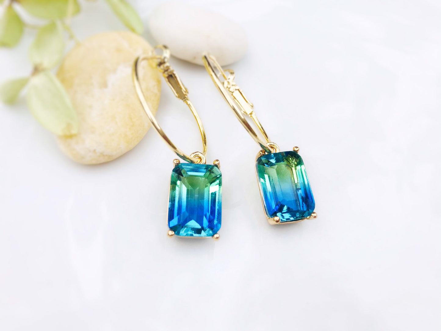 Bicolor blue tourmaline emerald cut earrings in 14K gold filled, Blue green Bicolor sapphire crystals, gift for her, bridesmaids earrings