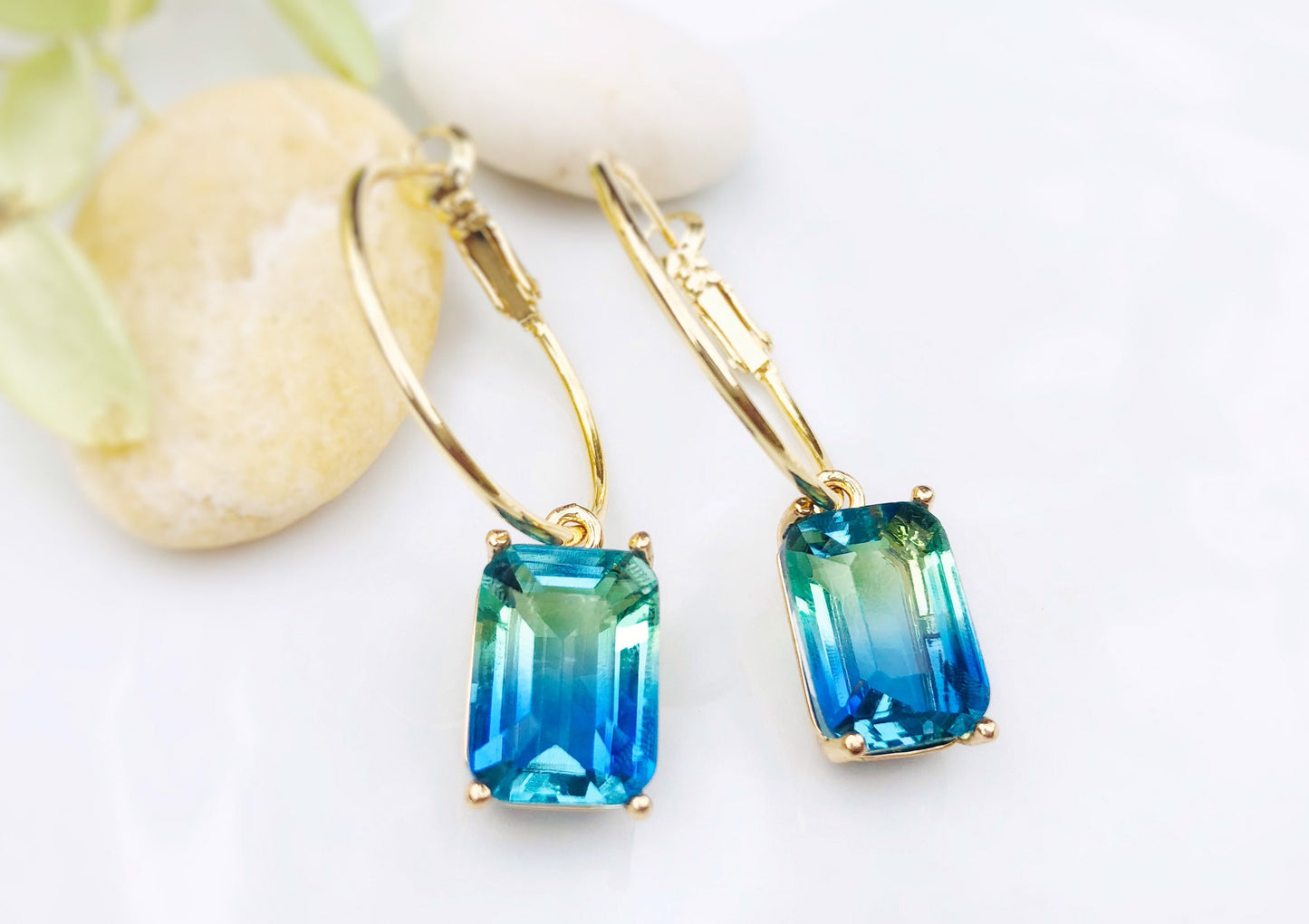 Bicolor blue tourmaline emerald cut earrings in 14K gold filled, Blue green Bicolor sapphire crystals, gift for her, bridesmaids earrings