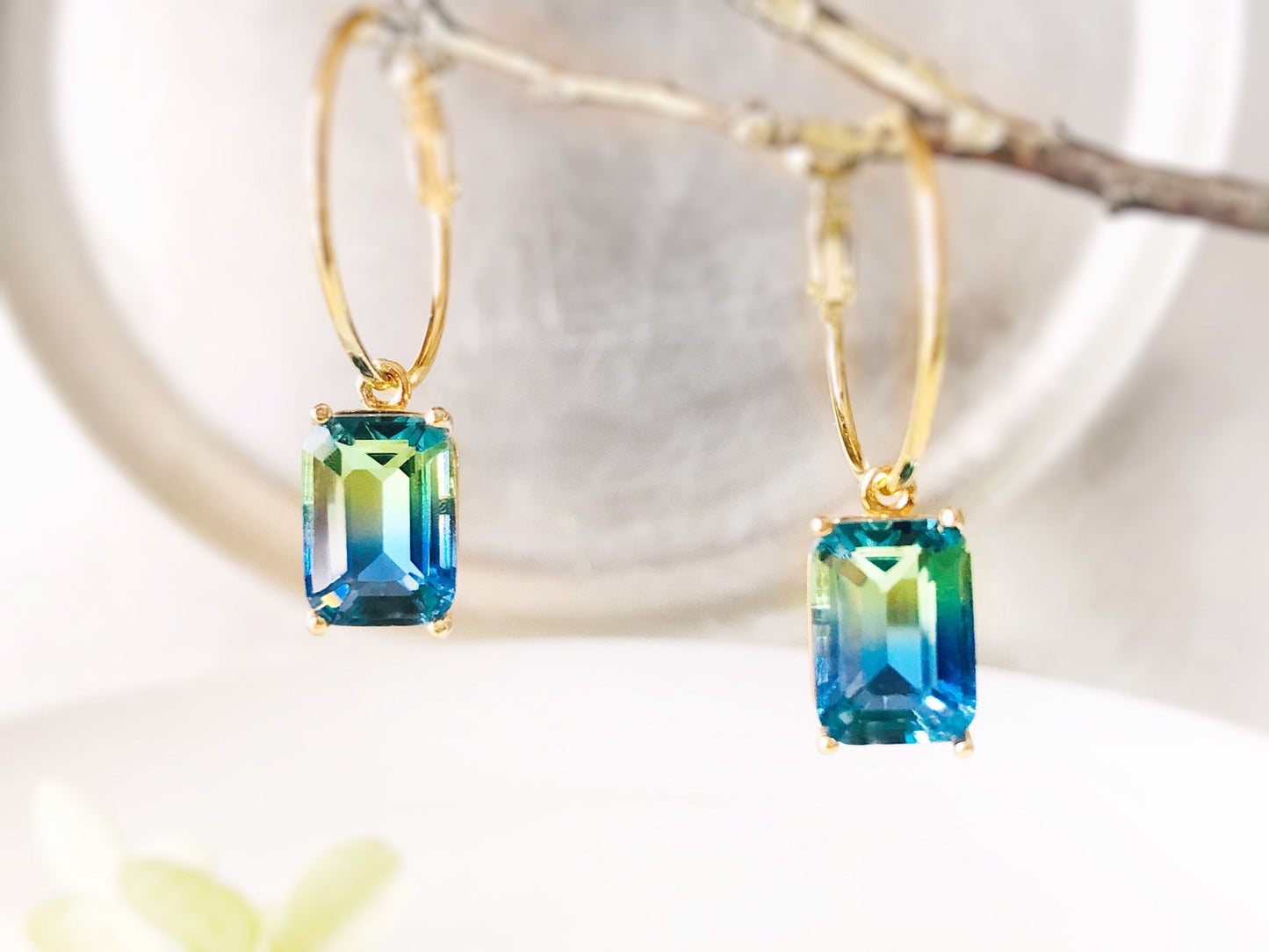 Bicolor blue tourmaline emerald cut earrings in 14K gold filled, Blue green Bicolor sapphire crystals, gift for her, bridesmaids earrings