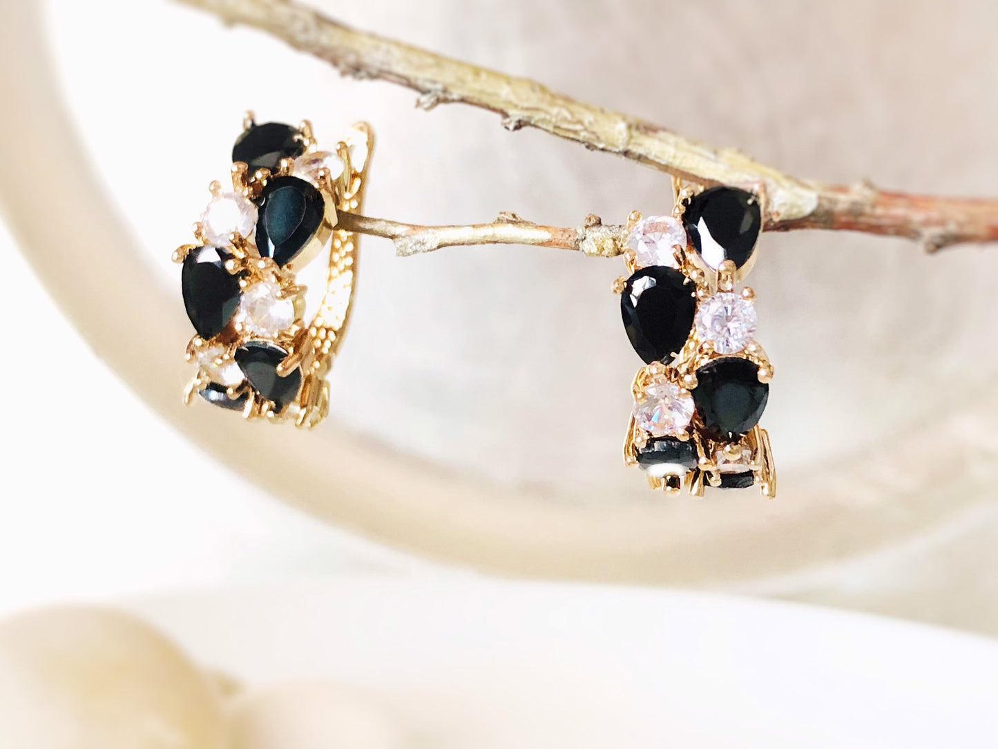 Black onyx white sapphire statement hoop earrings gold, black white gemstones large gold hoops, gift for mom, gift for her