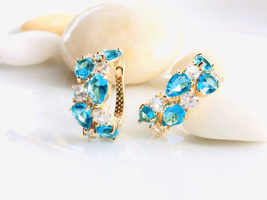 Blue topaz statement hoop earrings, cluster blue and white gemstone large hoops, gift for mom, gift for her, December birthstone