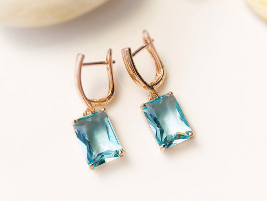 Large emerald cut aquamarine dangle earrings, March birthstone, light blue earrings, gift for mom, gift for her