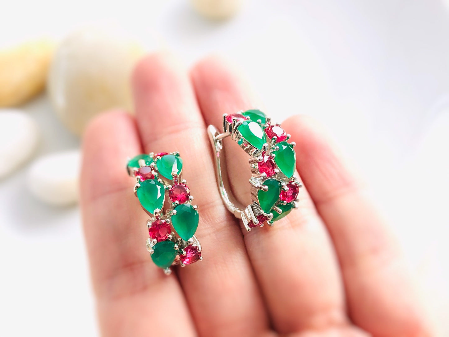 Emerald green and pink tourmaline hoop earrings,  green pink gem hoop earrings, large statement earrings, gift for mom, gift for her