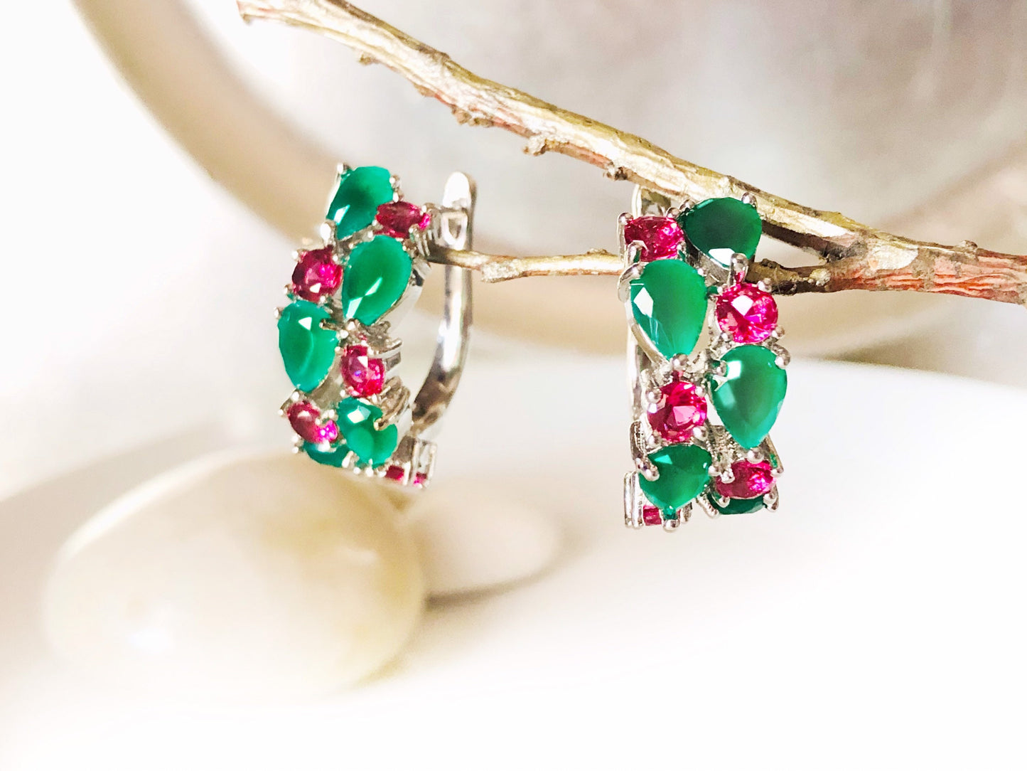 Emerald green and pink tourmaline hoop earrings,  green pink gem hoop earrings, large statement earrings, gift for mom, gift for her