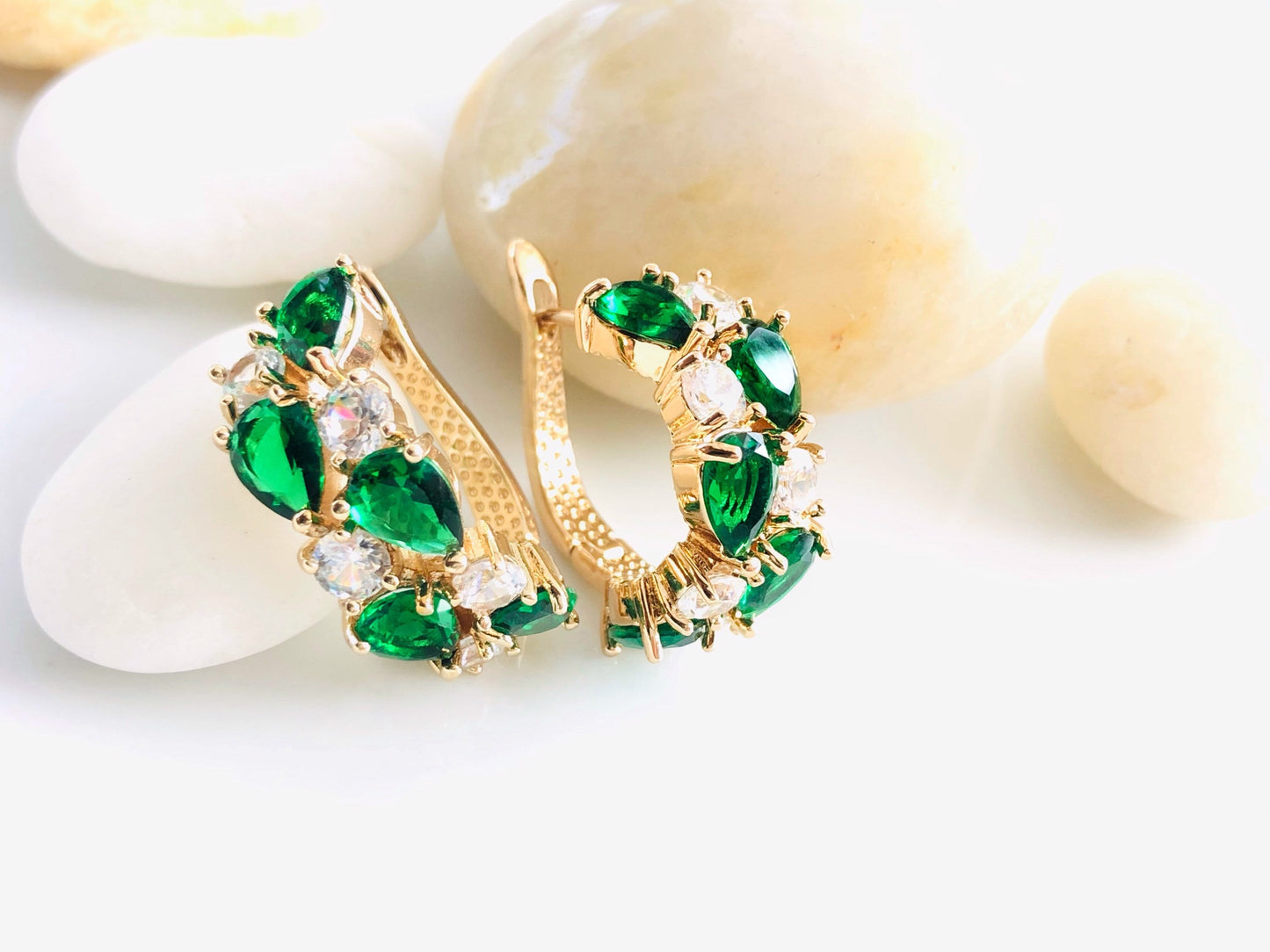 Emerald cluster large hoop earrings, green white gemstone statement hoop earrings, gift for mom, May birthstone