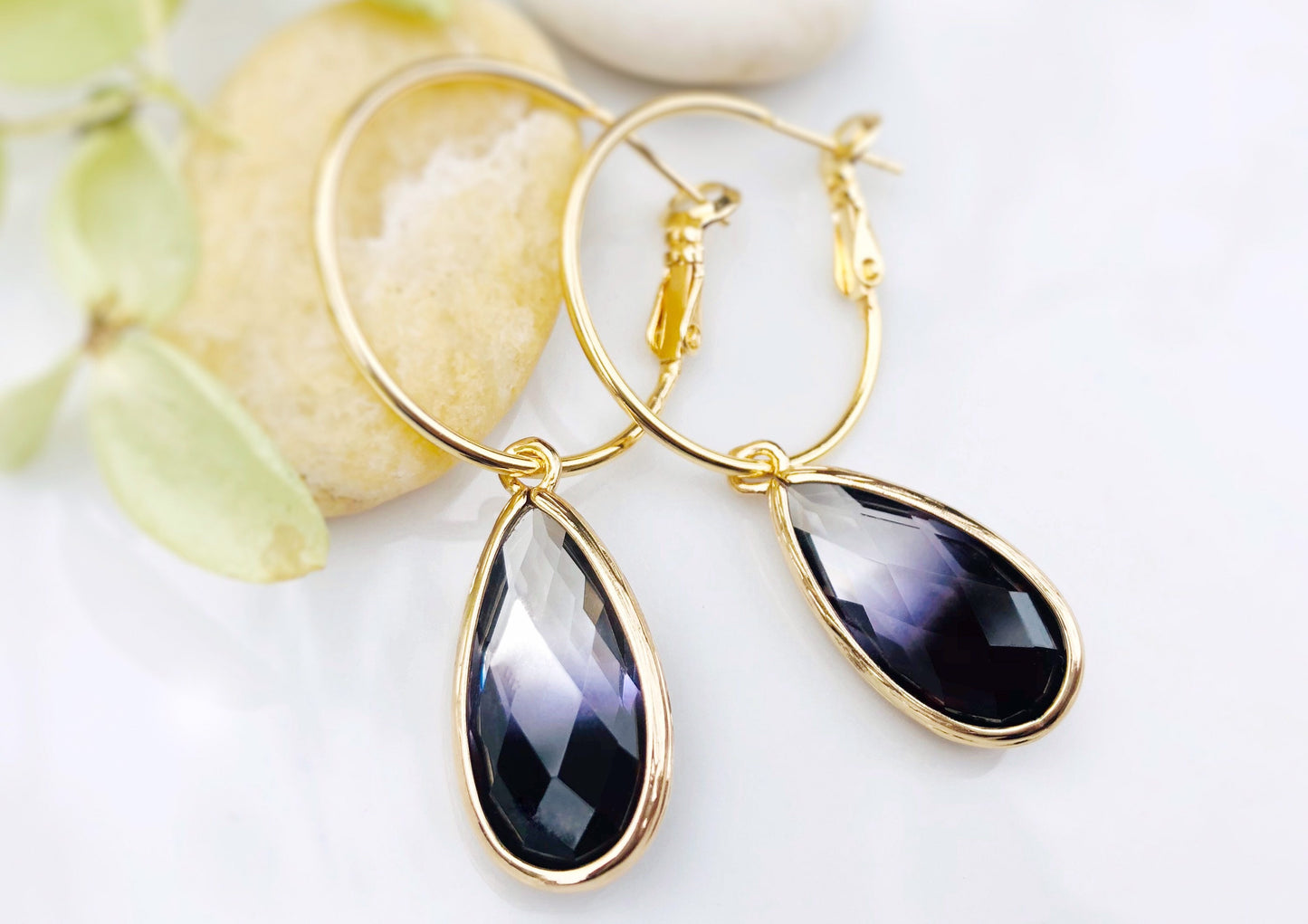 Bicolor black crystal earrings in 14K GP, gradient clear black long pear shaped crystals drop earrings, gift for her, gift for mom