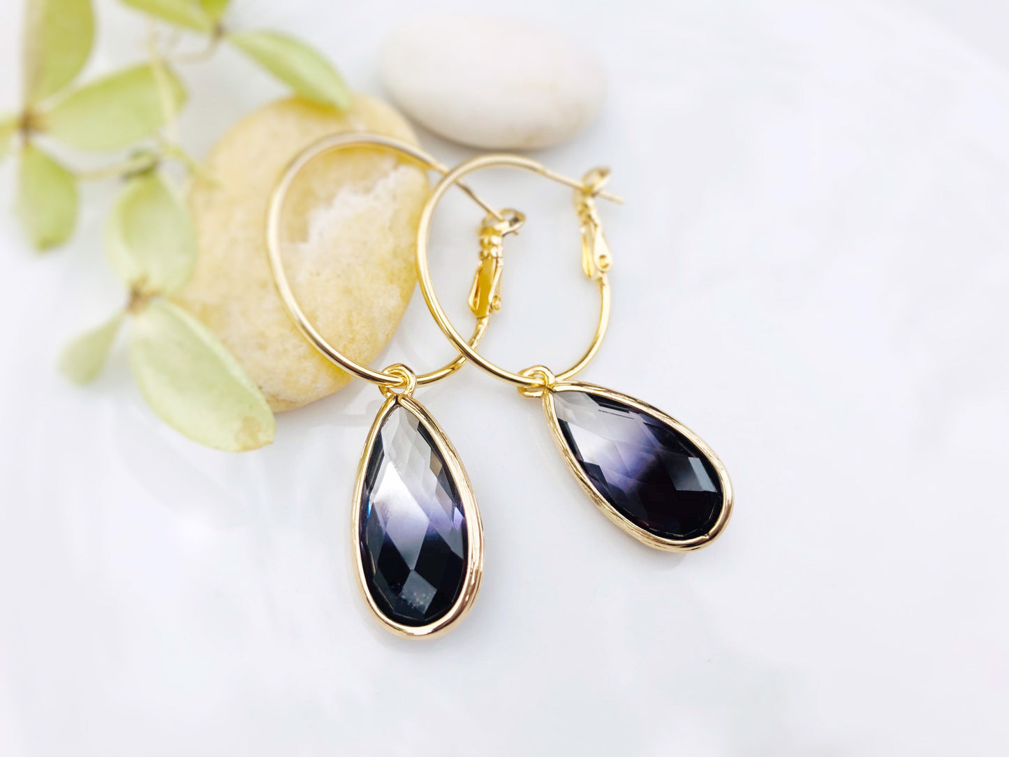 Bicolor black crystal earrings in 14K GP, gradient clear black long pear shaped crystals drop earrings, gift for her, gift for mom