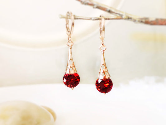 Garnet filigree dangle earrings, small dark red gemstone drop earrings, gift for her, gift for daughter, January birthstone