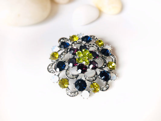 Antique silver crystal brooch pin, multicolor green blue crystal bouquet brooch, gift for her, gift for mom