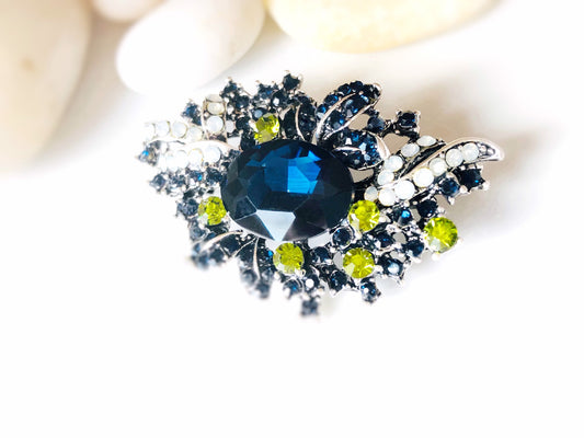 Sapphire crystal brooch pin antique silver, blue green multicolored crystal bouquet brooch, gift for her, gift for mom