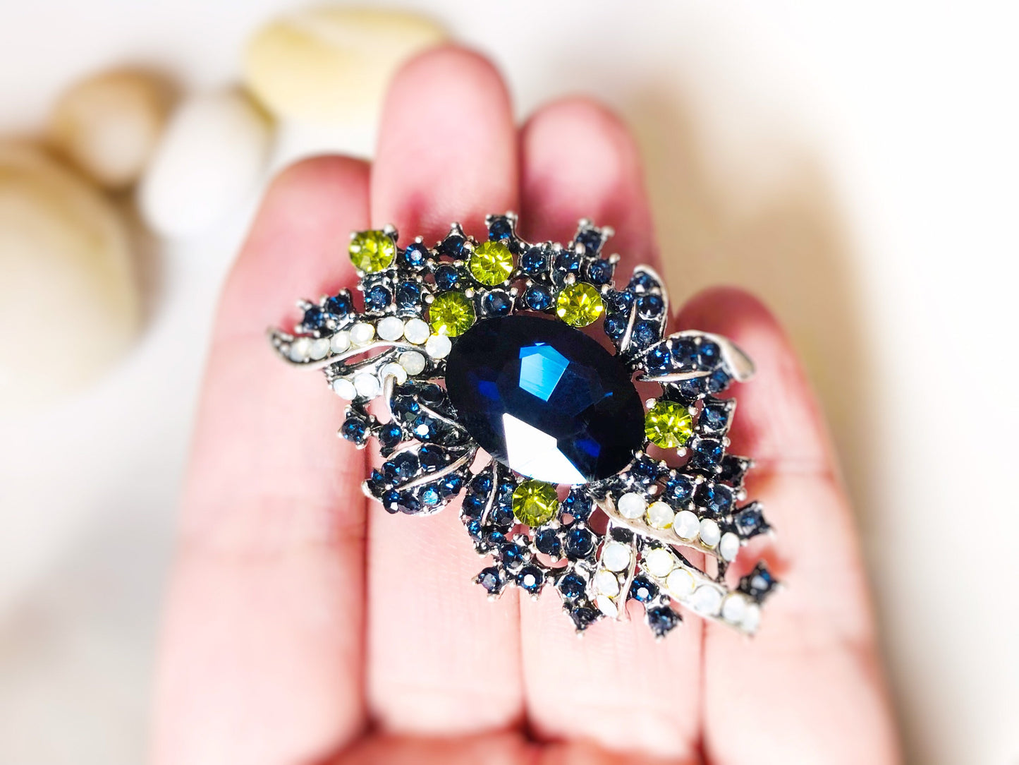 Sapphire crystal brooch pin antique silver, blue green multicolored crystal bouquet brooch, gift for her, gift for mom