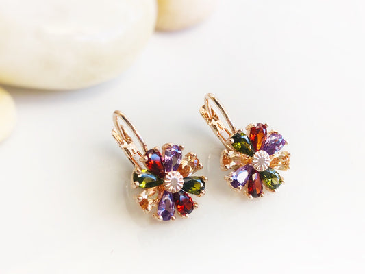 Multicolored daisy earring in 14K rose gold, rainbow gemstone flower earrings, gift for mom, gift for her