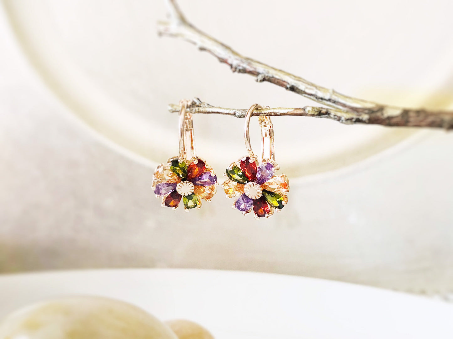 Multicolored daisy earring in 14K rose gold, rainbow gemstone flower earrings, gift for mom, gift for her