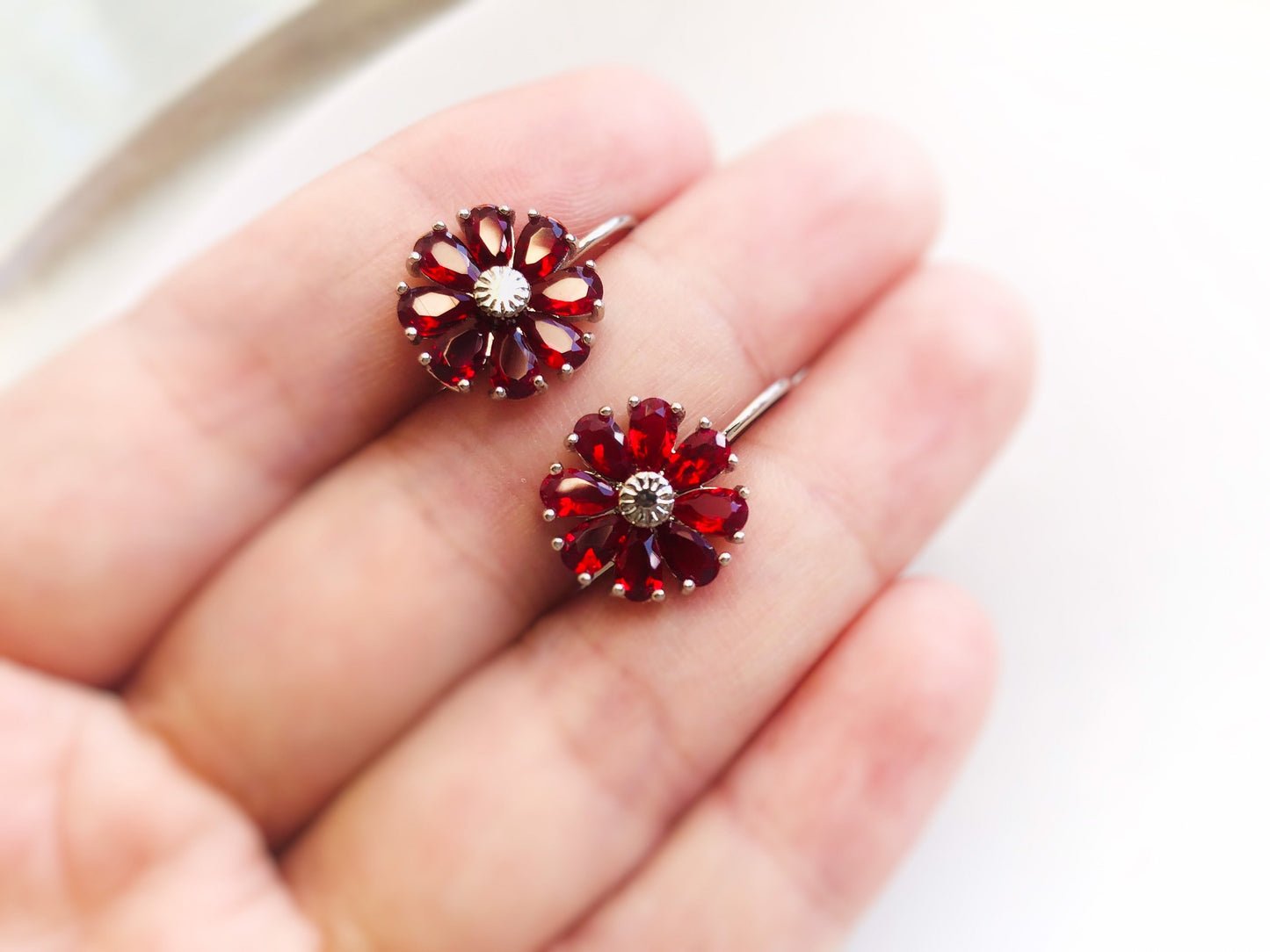 Ruby flower dangle earrings, red gemstone daisy flower drop earrings, July birthstone earrings, gift for mom, gift for her