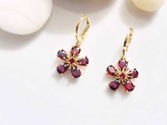 Garnet flower dangle earrings in 14k gold, red garnet flower drop earrings, January birthstone earrings, gift for mom, gift for her