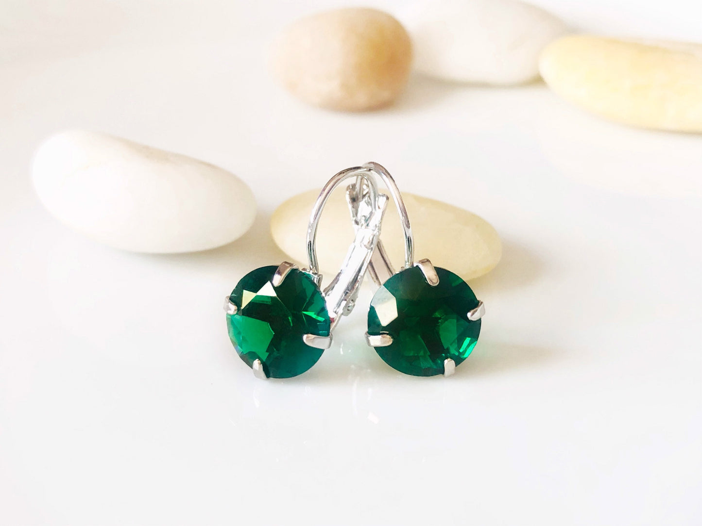 Emerald green solitaire lever back earrings, green gemstone earrings, gift for mom, birthstone earrings