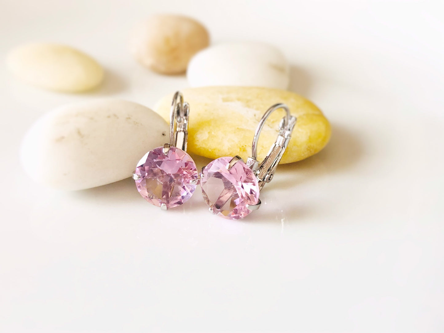 Pink sapphire solitaire lever back earrings, gift for mom, October birthstone earrings