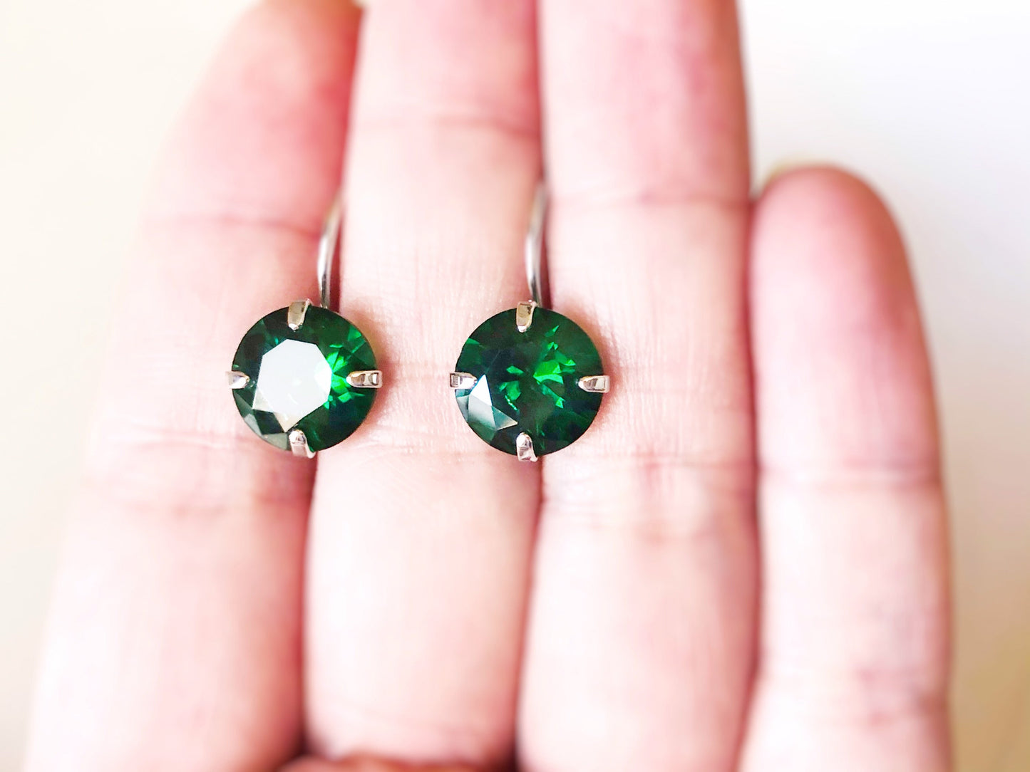 Emerald green solitaire lever back earrings, green gemstone earrings, gift for mom, birthstone earrings