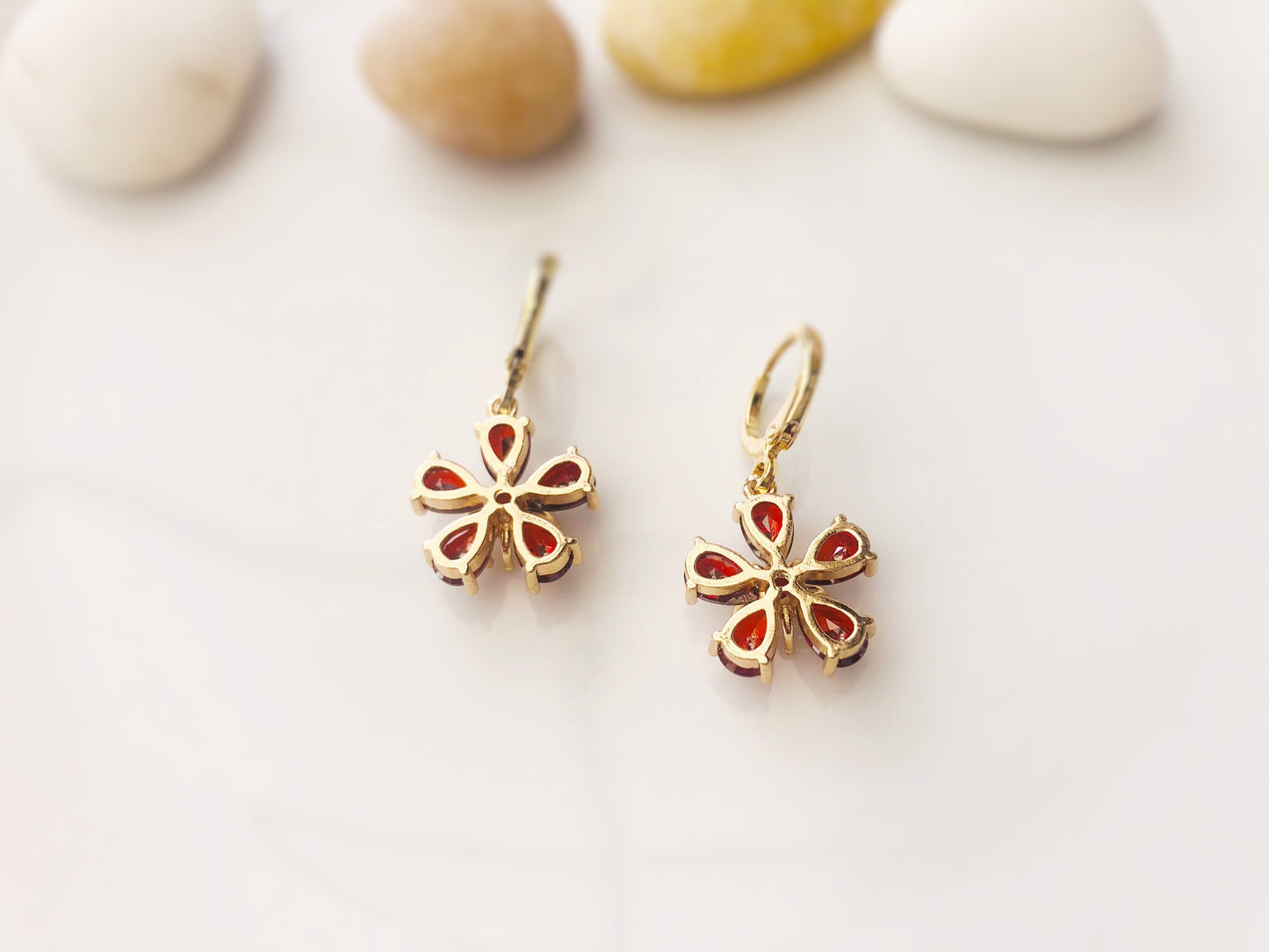 Ruby flower dangle earrings in 14k gold, red gemstone flower drop earrings, July birthstone earrings, gift for mom, gift for her