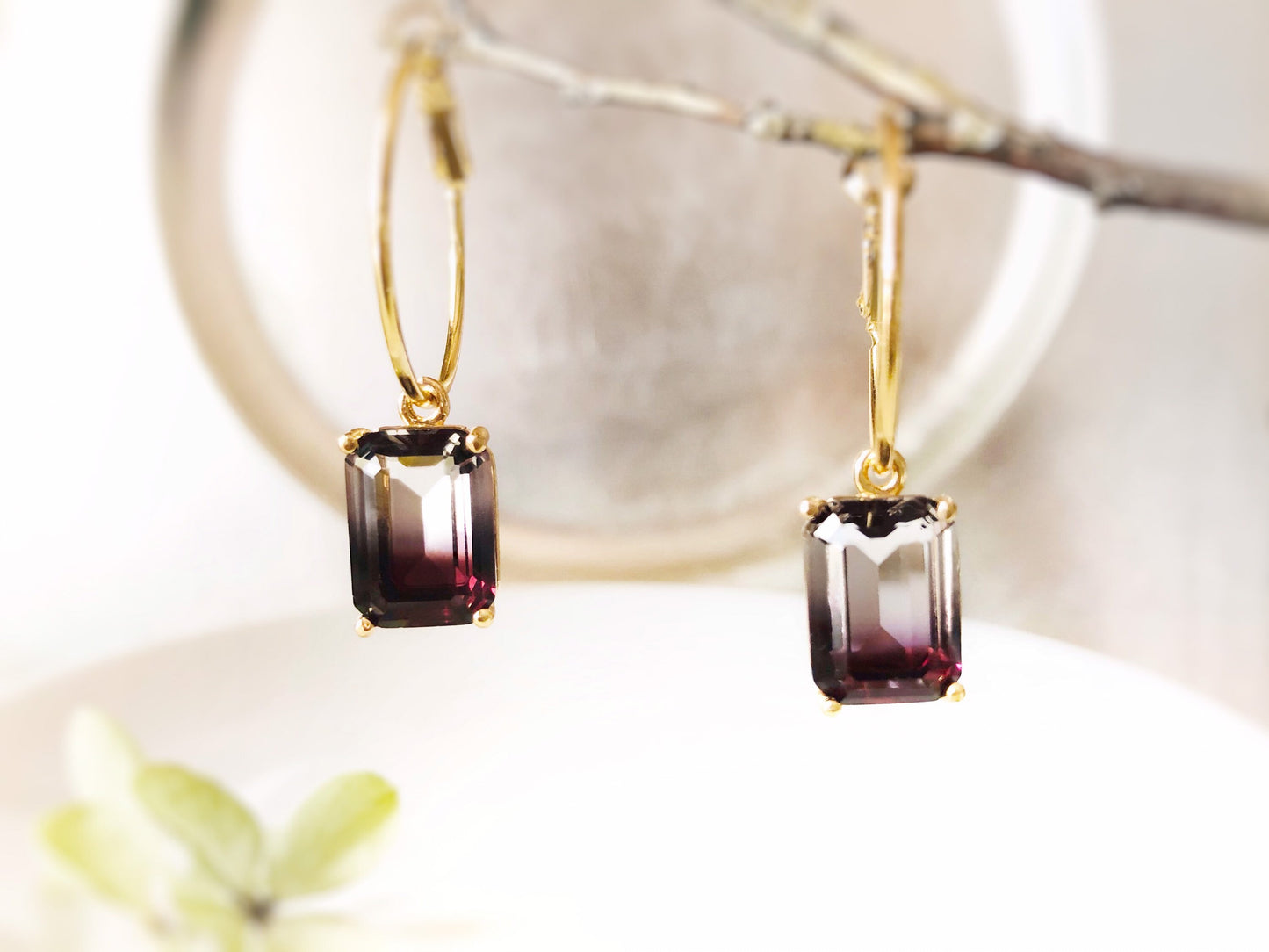 Bicolor black tourmaline dangle earrings in 14K gold, bicolor black clear emerald cut crystal earrings, gift for her, gift for mom