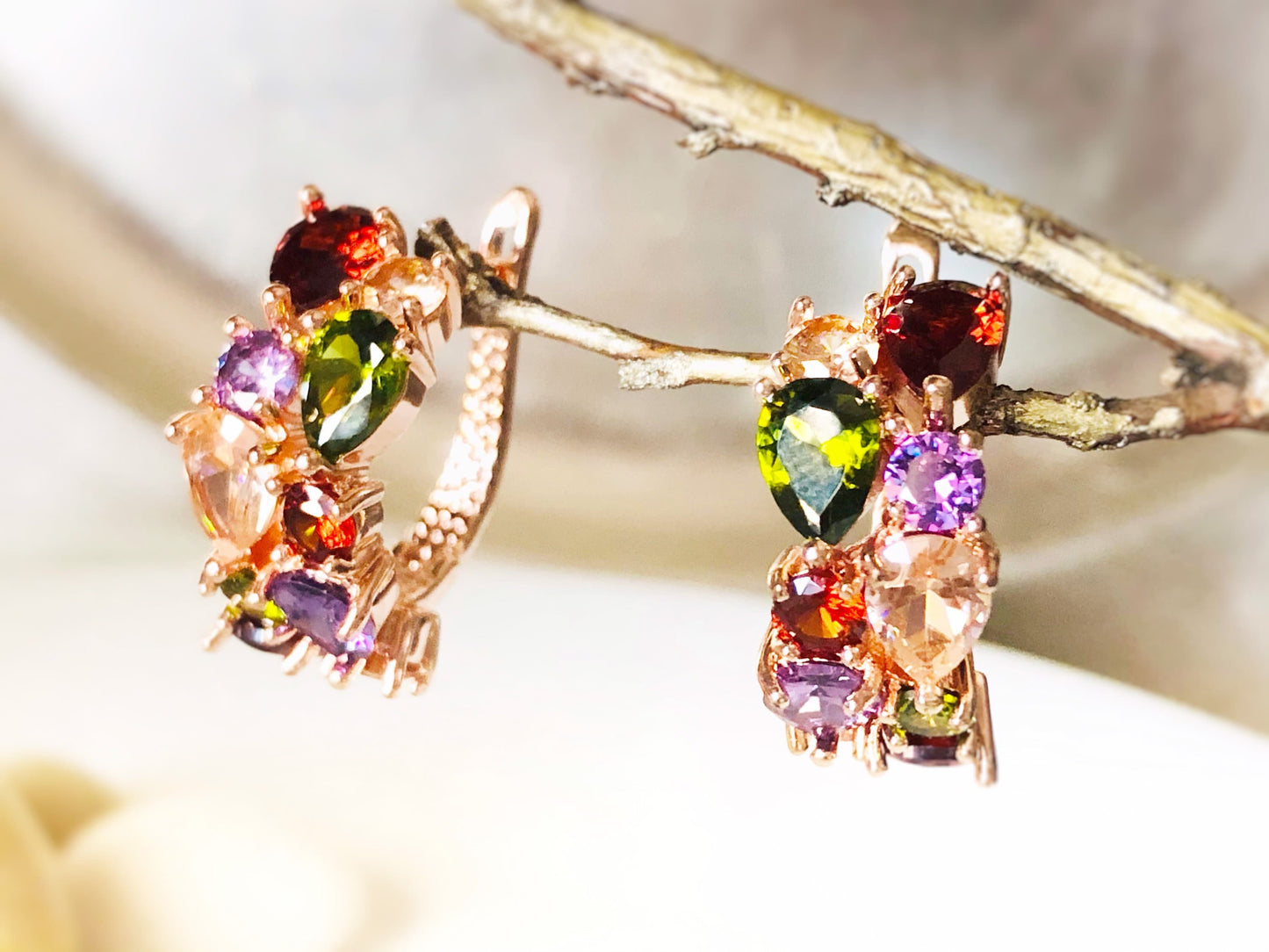 Multicolored gemstone hoop earrings in 14K rose gold, rainbow gemstone statement hoop, gift for mom, gift for her