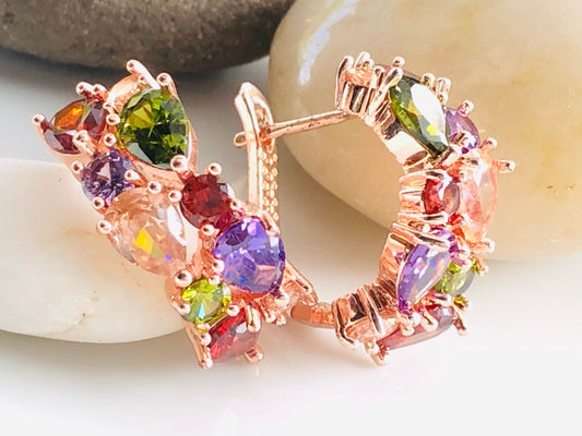 Multicolored gemstone hoop earrings in 14K rose gold, rainbow gemstone statement hoop, gift for mom, gift for her