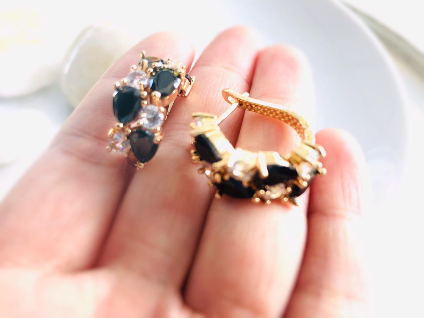 Black onyx white sapphire statement hoop earrings gold, black white gemstones large gold hoops, gift for mom, gift for her