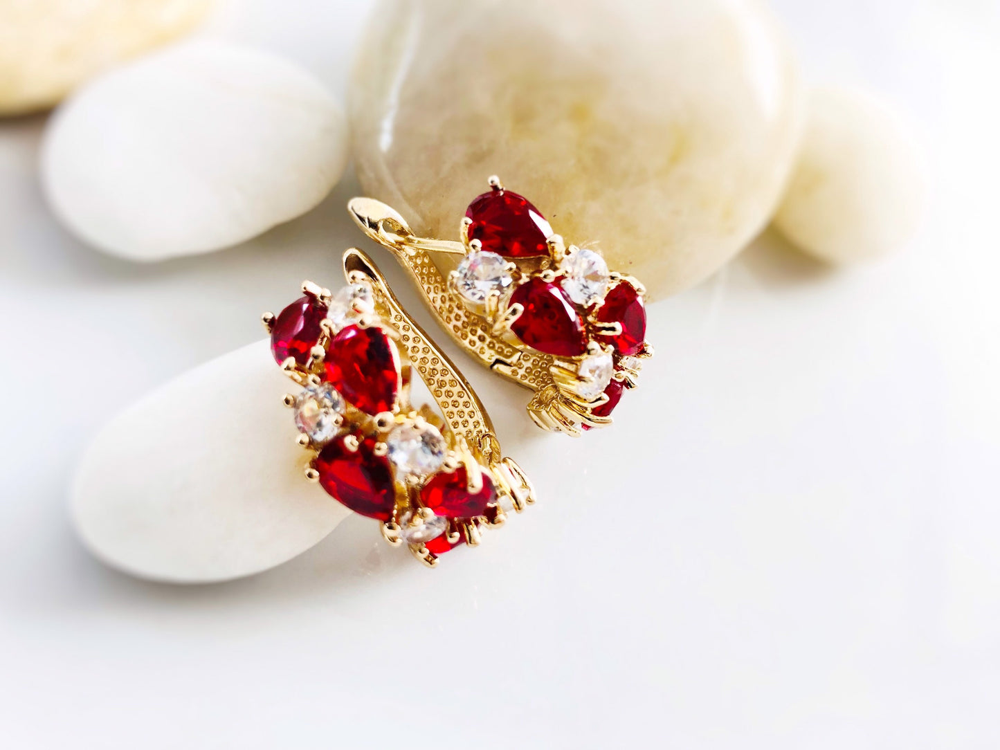 Ruby white sapphire statement hoop earrings, red white gemstone large cluster hoop earrings, gift for mom, gift for her, July birthstone