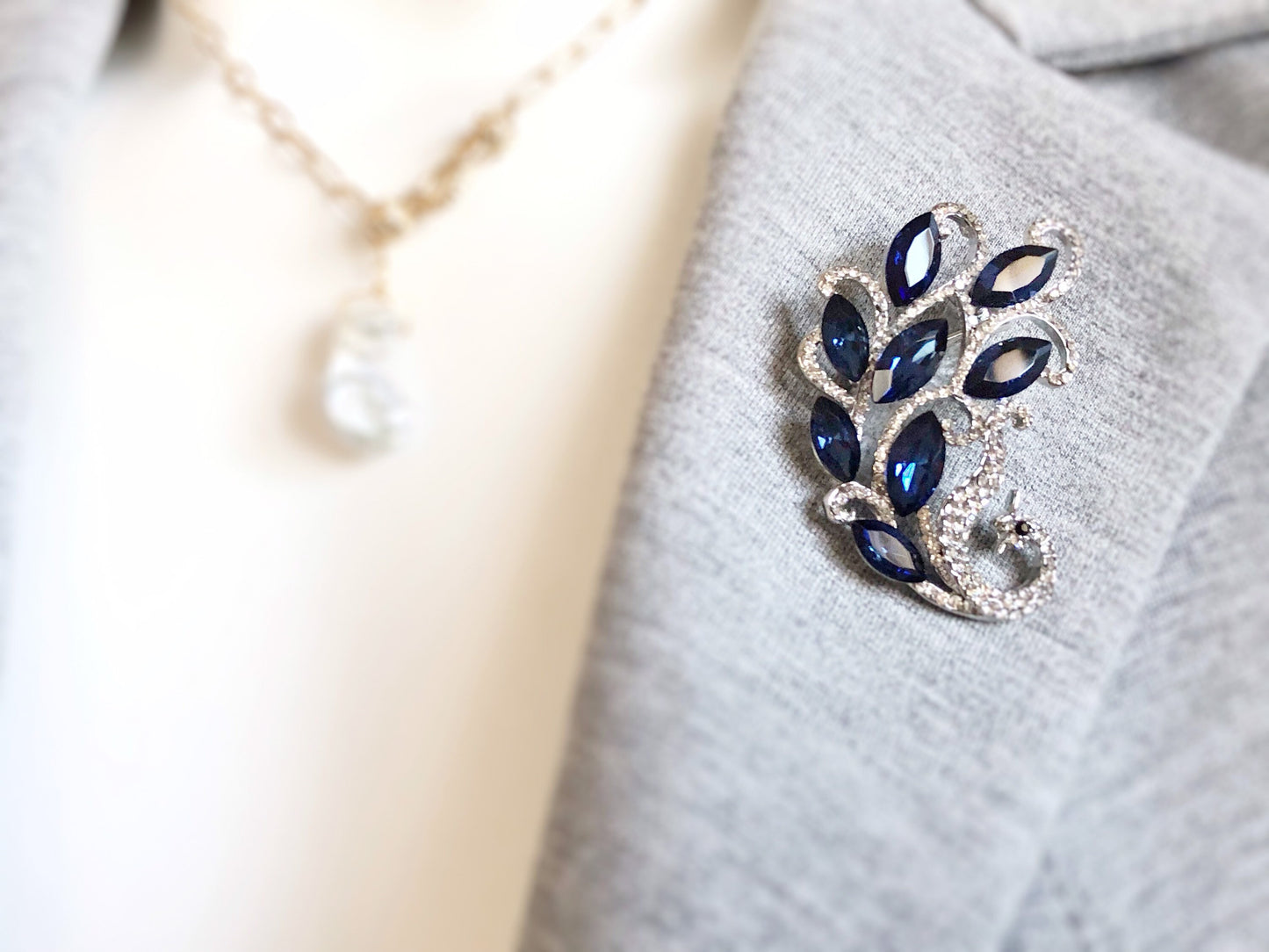 Sapphire crystal peacock brooch in 18k white gold, blue crystal brooch, gift for her, gift for mom