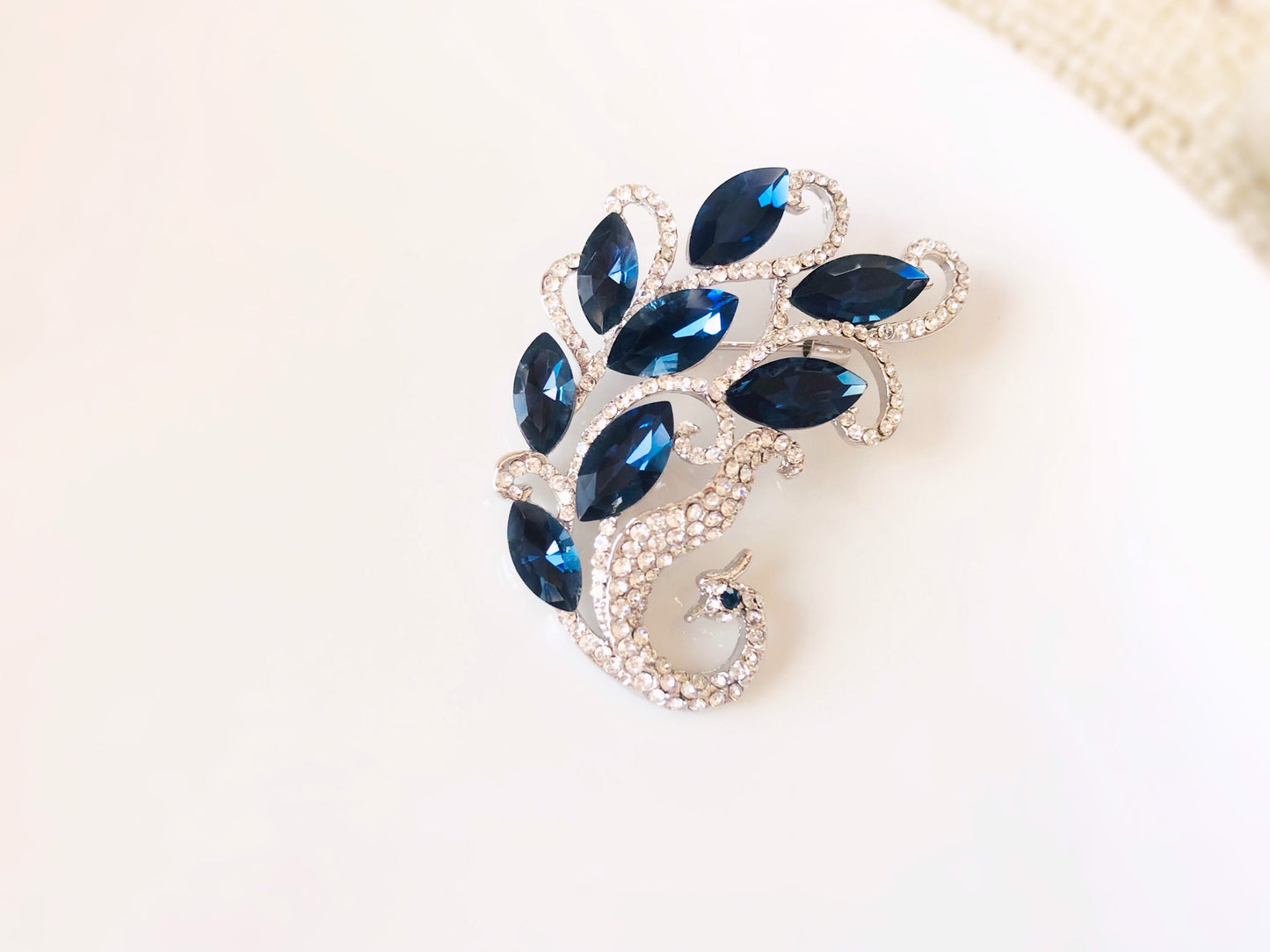 Sapphire crystal peacock brooch in 18k white gold, blue crystal brooch, gift for her, gift for mom