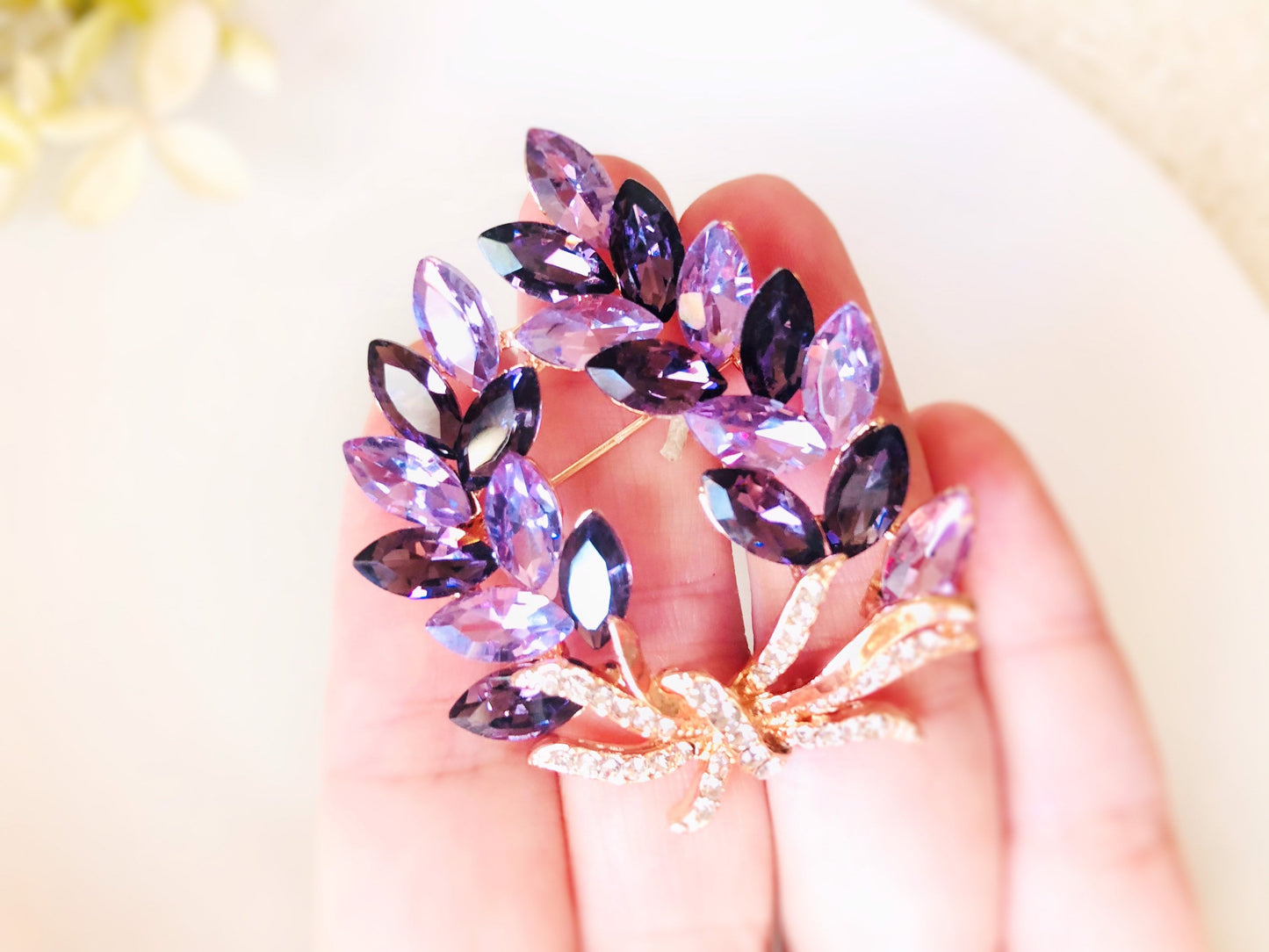 Amethyst crystal laural wreath brooch in 14K rose gold, gift for her, gift for mom