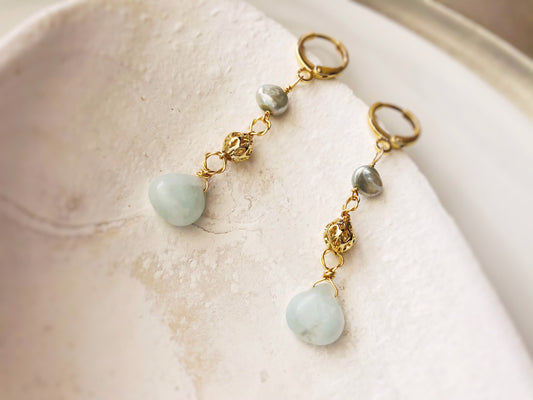 Aquamarine pearl dangle earrings in 18k gold filled, earrings, gift for her, gift for mom