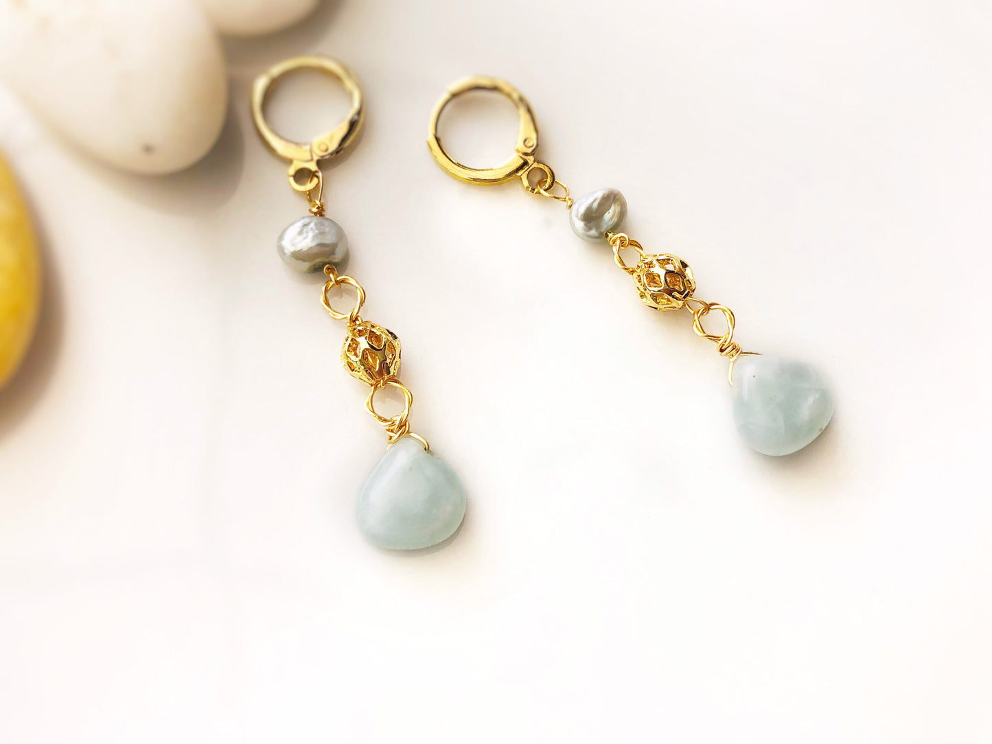 Aquamarine pearl dangle earrings in 18k gold filled, earrings, gift for her, gift for mom