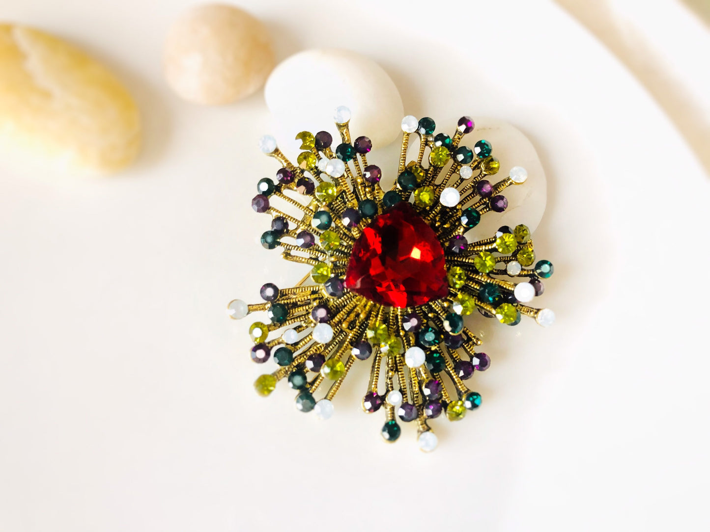 Large rainbow crystal starburst statement brooch pin, multicolored crystal brooch pin pendant, gift for mom, gift for her