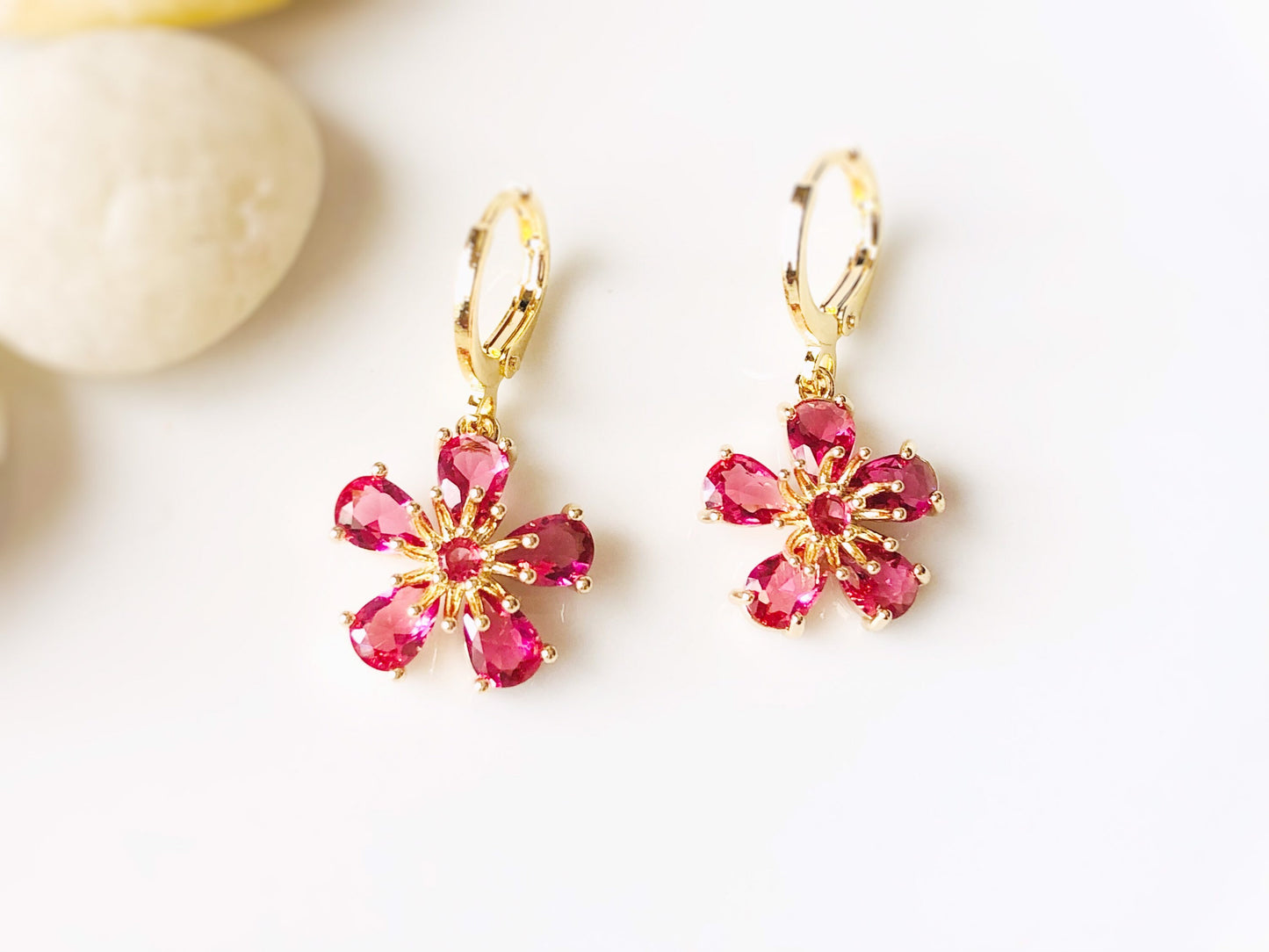 Pink tourmaline flower dangle earrings in 14K gold, pink flower drop earrings, Oct birthstone earrings , gift for mom, gift for her