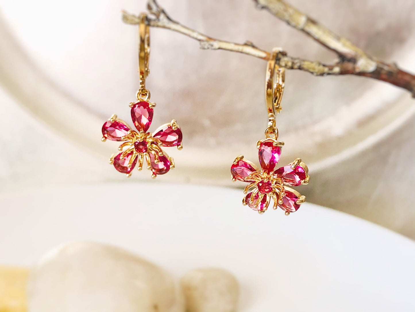 Pink tourmaline flower dangle earrings in 14K gold, pink flower drop earrings, Oct birthstone earrings , gift for mom, gift for her