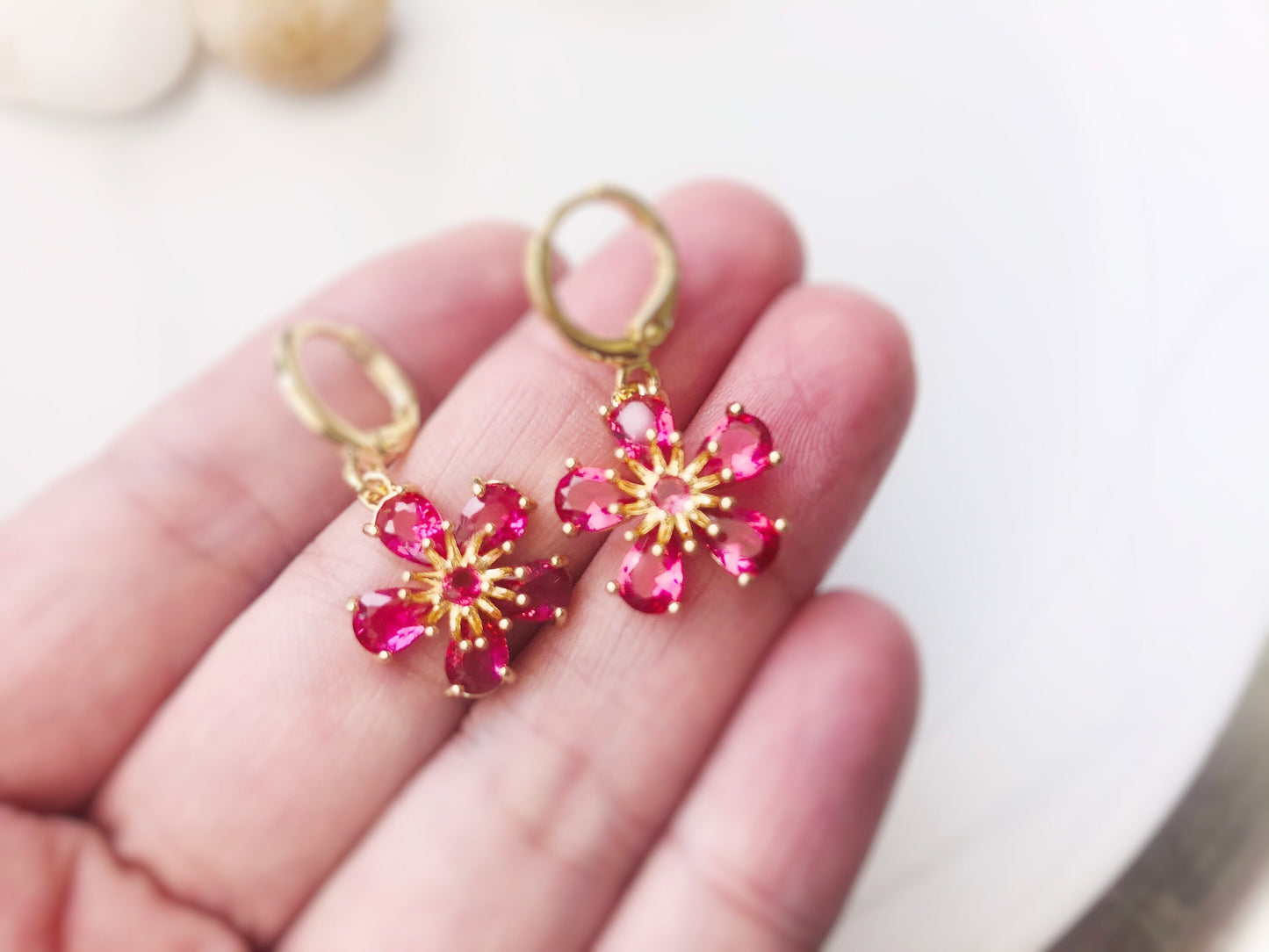 Pink tourmaline flower dangle earrings in 14K gold, pink flower drop earrings, Oct birthstone earrings , gift for mom, gift for her