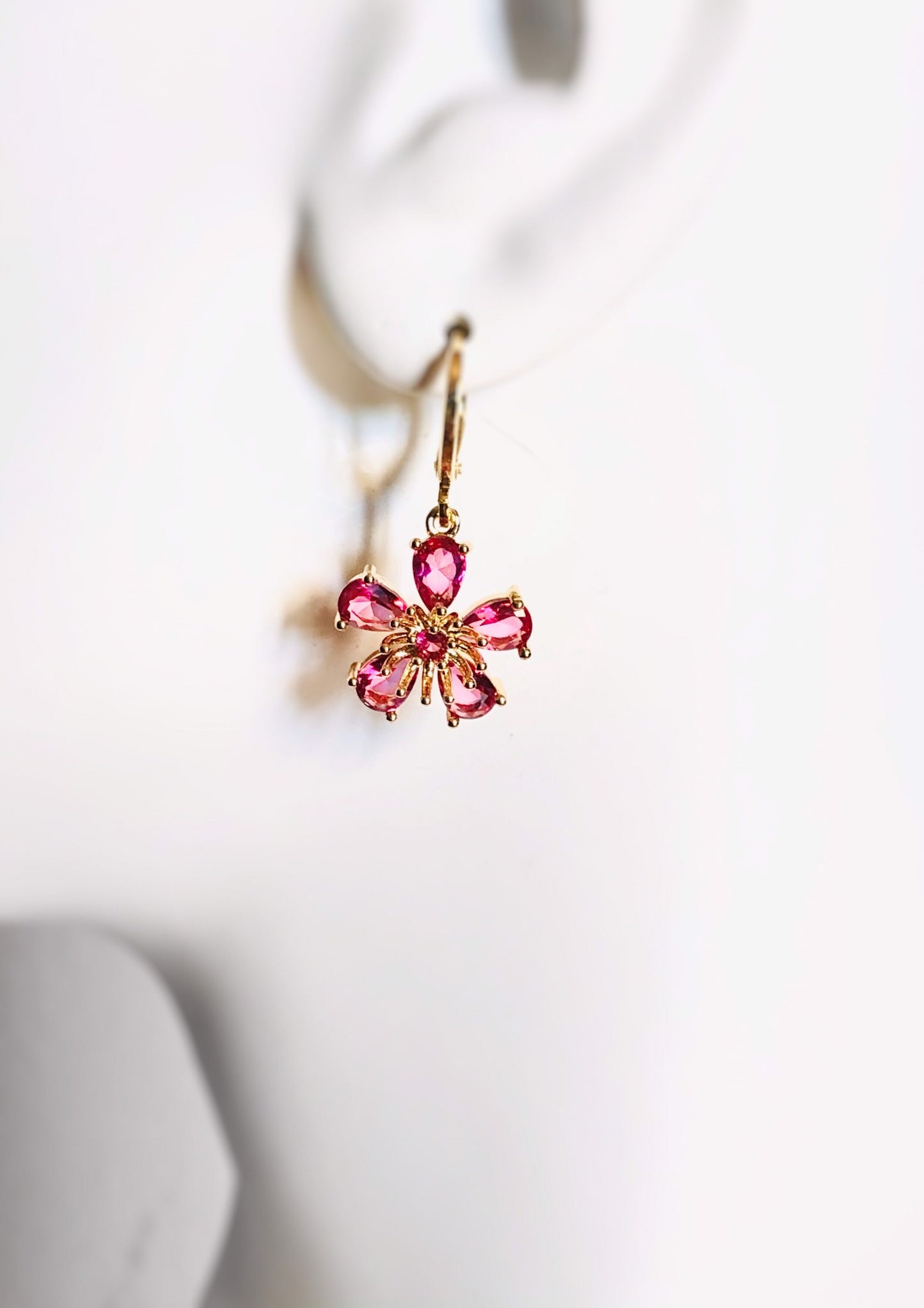 Pink tourmaline flower dangle earrings in 14K gold, pink flower drop earrings, Oct birthstone earrings , gift for mom, gift for her