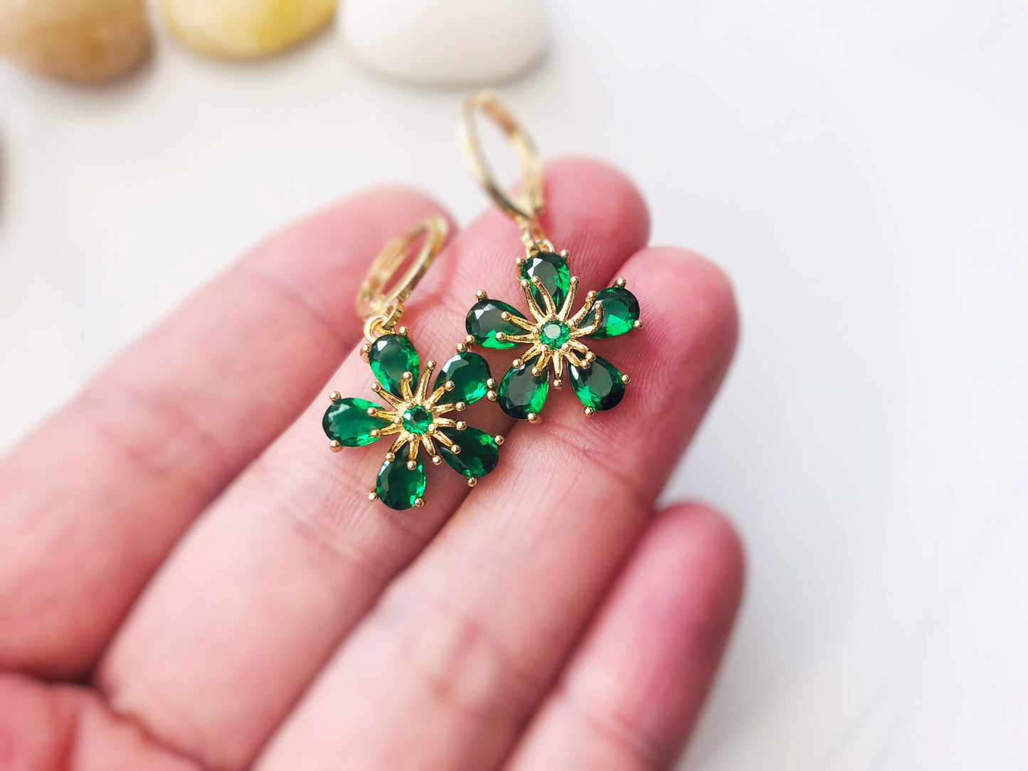 Emerald flower dangle earrings in 14K gold, green gemstone flower drop earrings, May birthstone earrings, gift for mom, gift for her