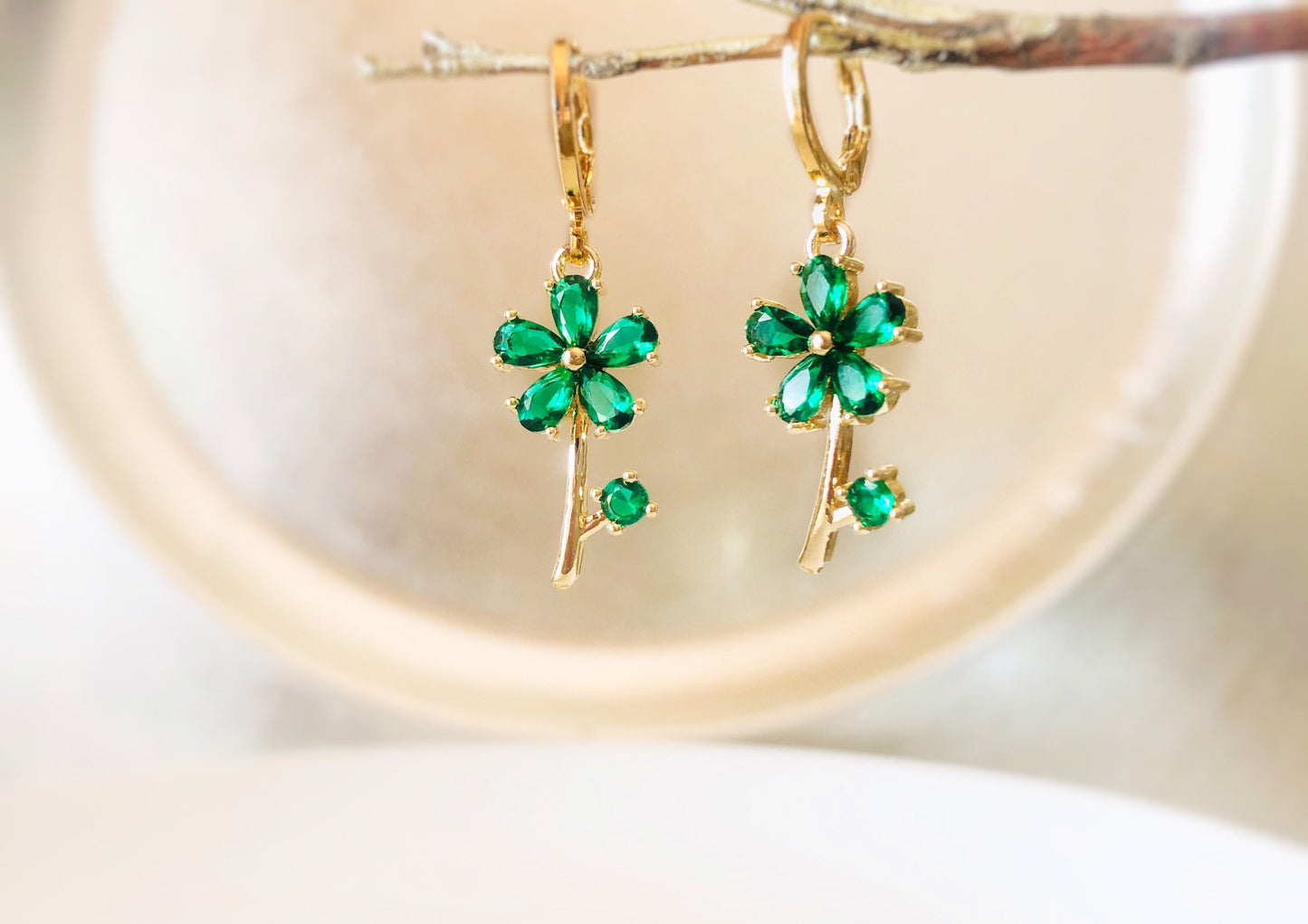 Emerald flower dangle earrings in 14K gold plated, green flower drop earrings, May birthstone earrings, gift for mom, gift for her