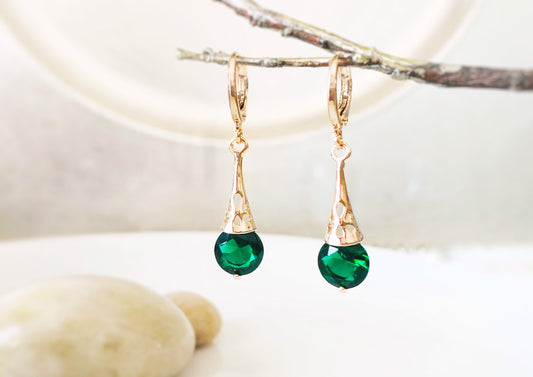 Emerald filigree dangle earrings, green gemstone dangles, gift for her, gift for daughter, May birthstone