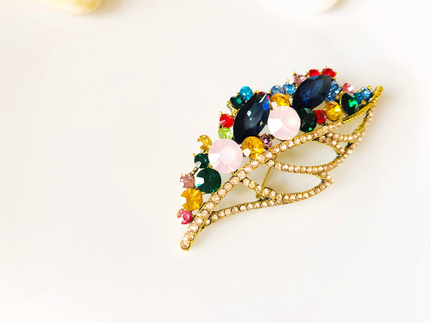 Rainbow crystal leaf brooch pin antique gold, multi colored crystal brooch, clustered crystal brooch, gift for her, gift for mom