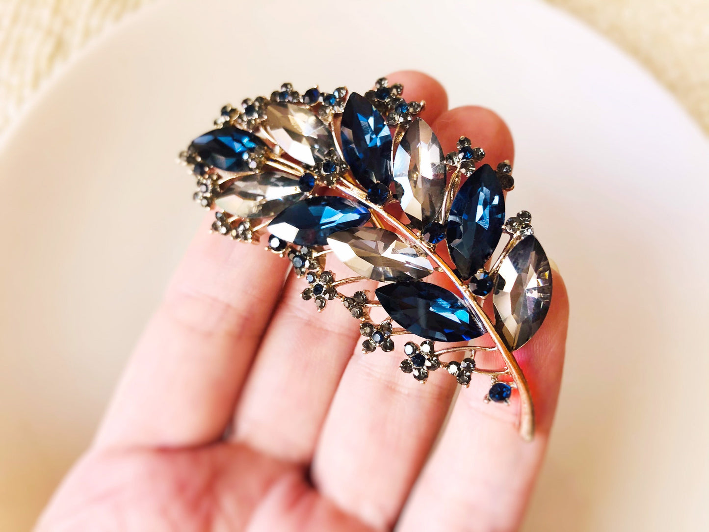 Sapphire blue grey crystal leaf brooch pin, large blue grey crystal brooch, large crystal brooch, leaf statement pin