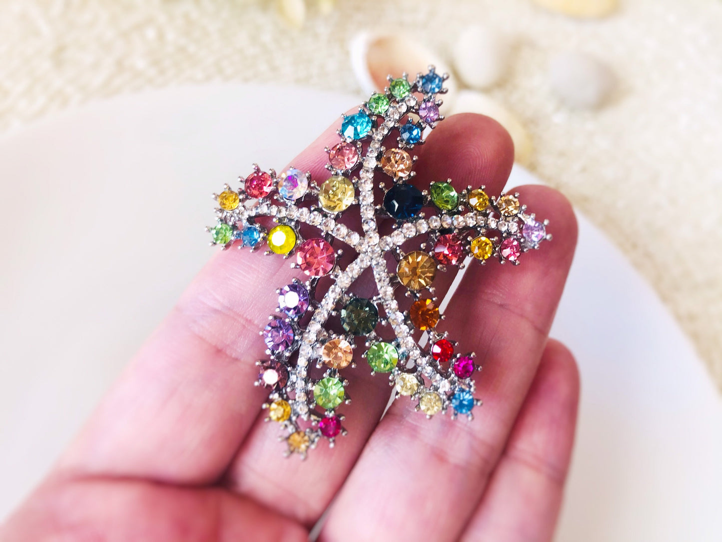 Multicolor crystal starfish brooch pendant in 18K WG plated, rainbow crystal starfish brooch, gift for her, gift for mom