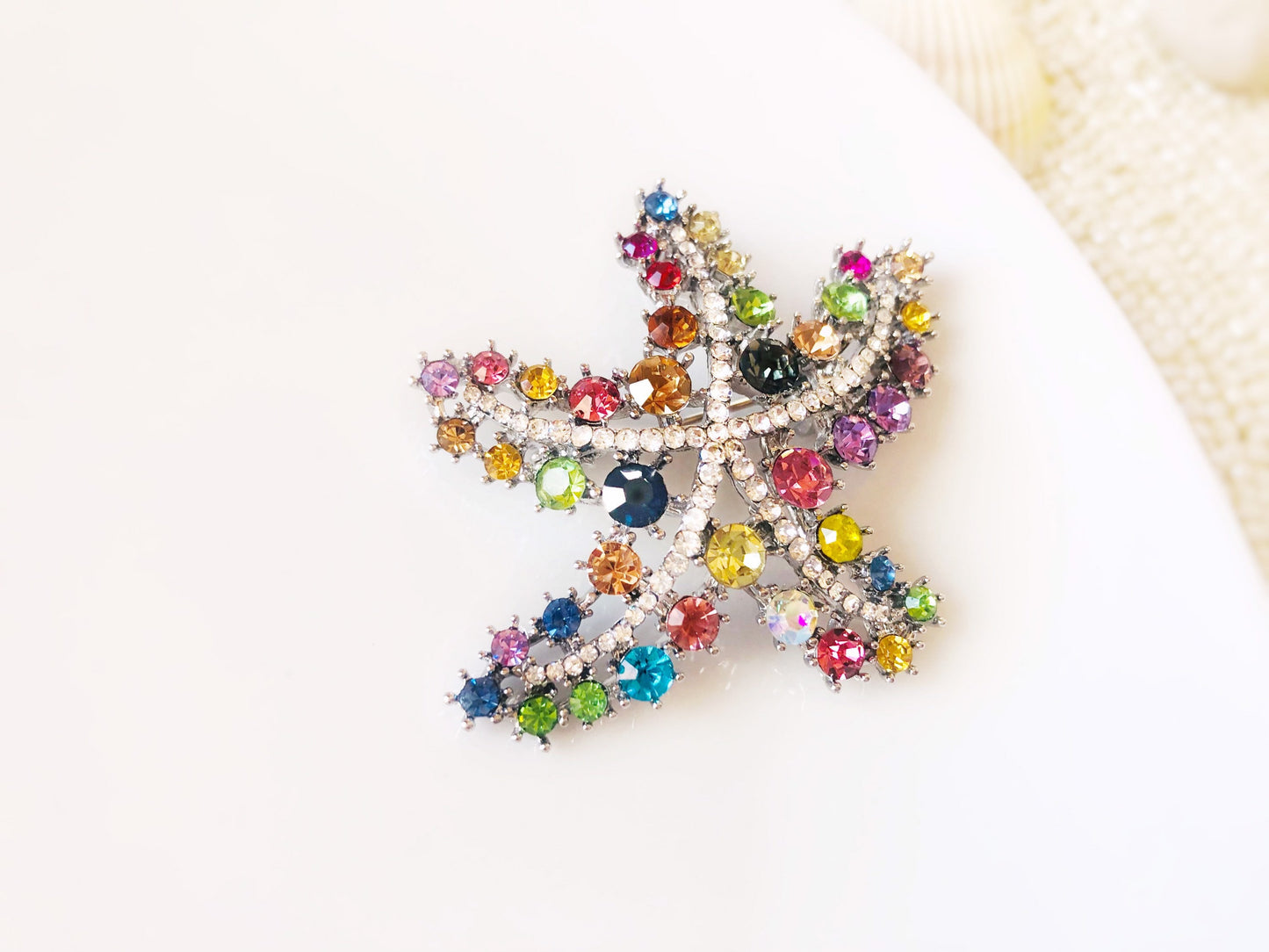 Multicolor crystal starfish brooch pendant in 18K WG plated, rainbow crystal starfish brooch, gift for her, gift for mom