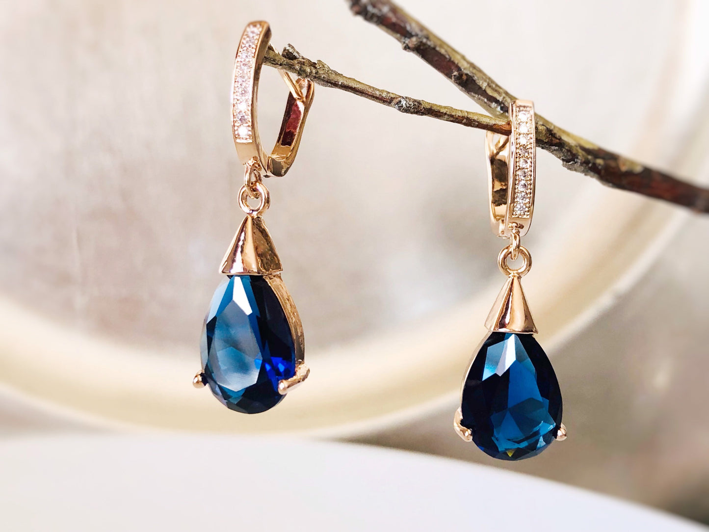 Teardrop sapphire earring in 14K rose gold, dark blue sapphire gemstone dangle earrings, bridesmaids earrings, gift for her