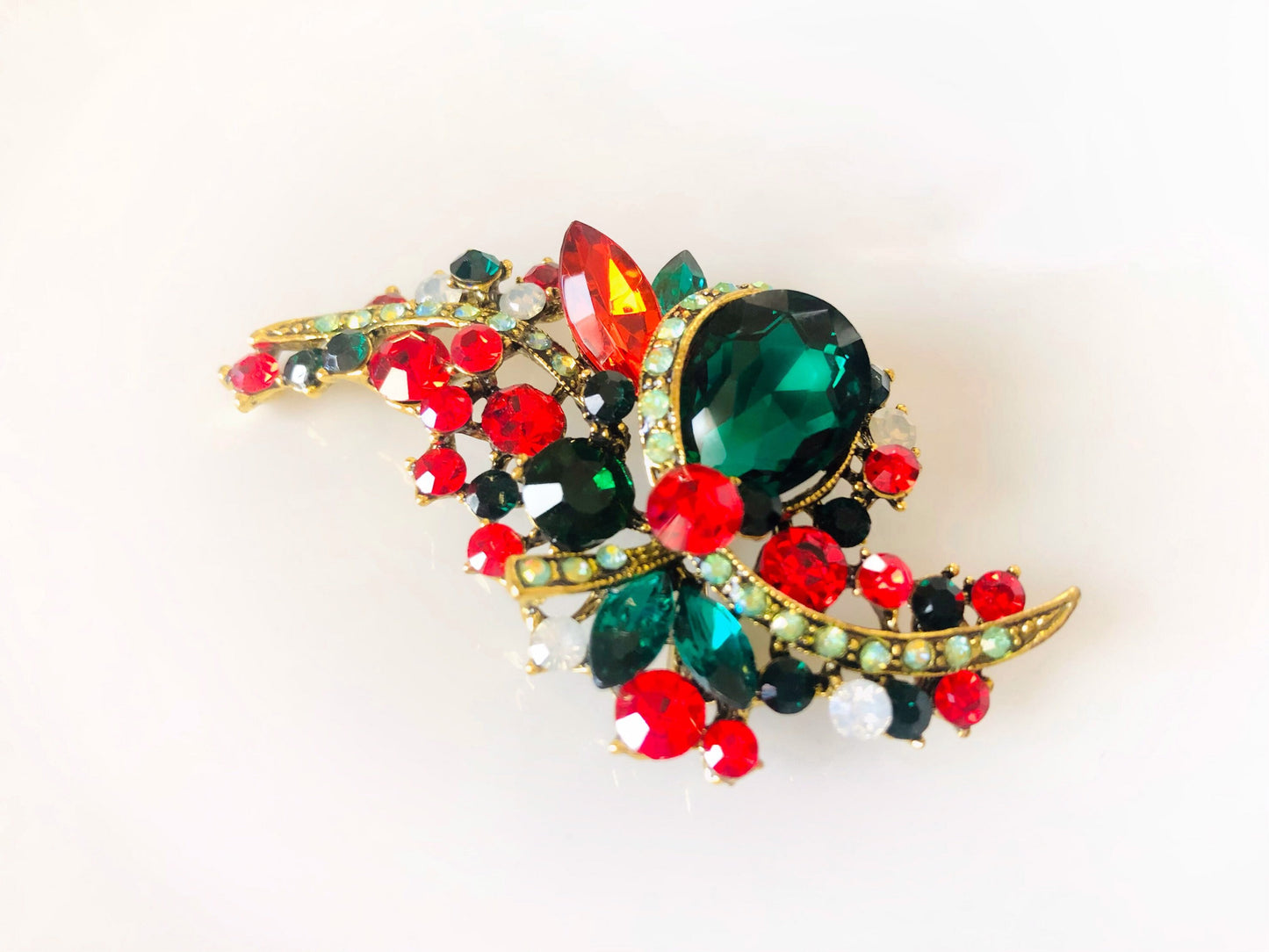 Red multicolored crystal brooch antique gold, cluster red crystal large bouquet  brooch pin, gift for mom, gift for her, Christmas brooch