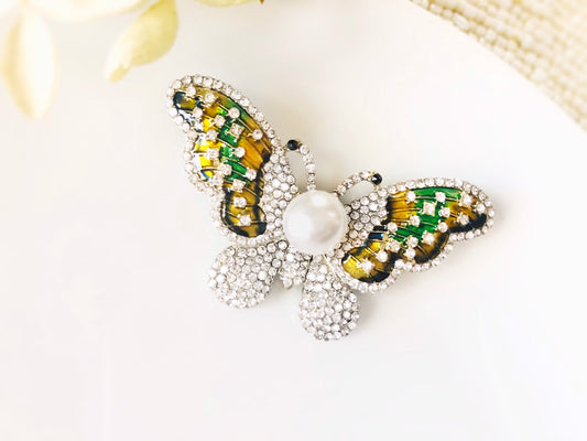 Pave crystal pearl butterfly brooch pin in gold, crystal pearl butterfly gold brooch, gift for her, gift for mom